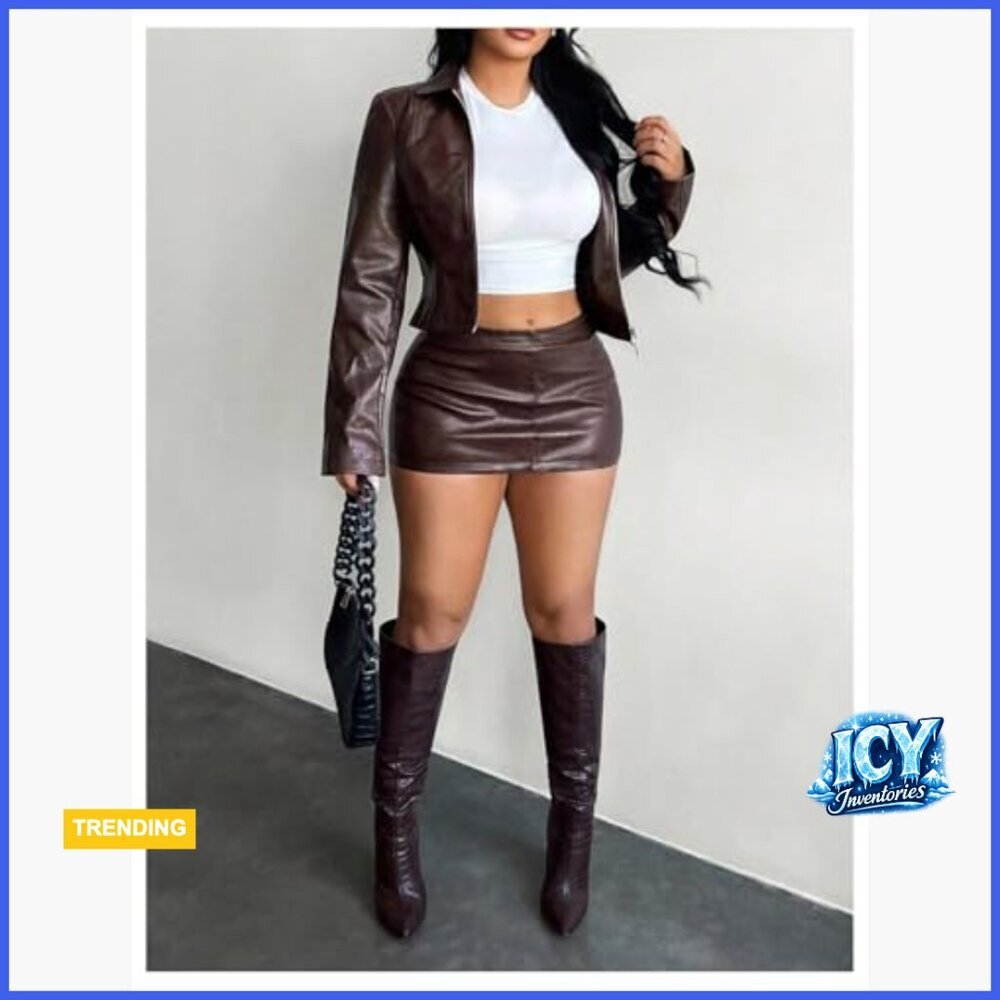 Zip Up Faux Leather Biker Jacket Cropped Coat Long Sleeve - Picture 5 of 5